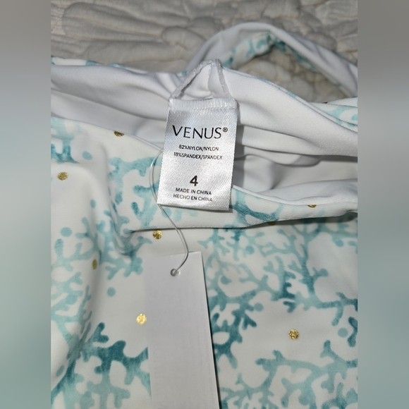 Venus swimsuit bikini white and aqua coral foil gold dots medium high-waisted - Picture 6 of 9